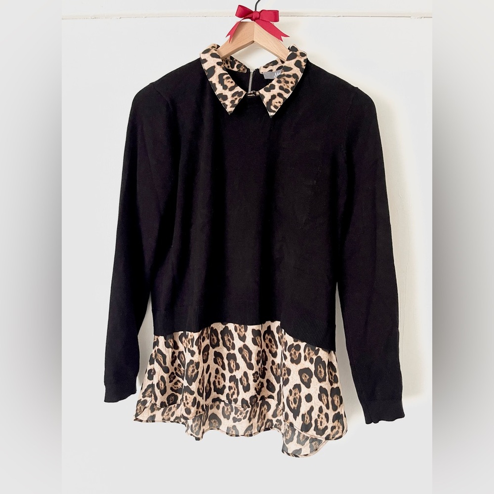 Marled Leopard Print Shirttail Twofer Collared Sweater Blouse Women's Large